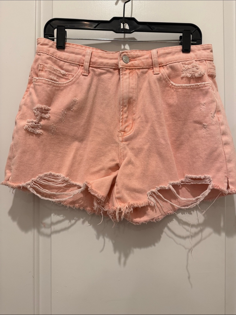 High-Rise Salmon Pink Boutique Distressed Denim Shorts L fits a 29-30 W